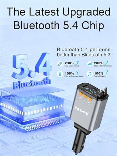 Bluetooth Car Adapter with Retractable Charger,[Upgrade] Bluetooth 5.4 FM Transmitter for Cars, 4 in 1 Fast Car Charger 69W, Handsfree Call, 2*Retractable Cable for iPhone 17/16/15/14, Galaxy-Silver thumbnail 6