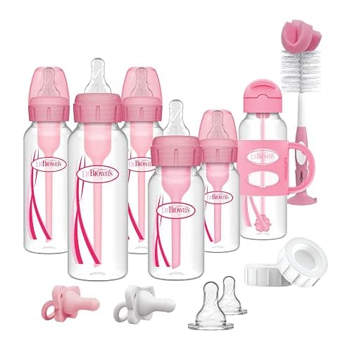 Dr. Brown's Anti-Colic Options+ Narrow Bottle Gift Set with Sippy Straw Bottle, HappyPaci Silicone Pacifiers, Storage/Travel Caps, and Bottle Brush, Pink - Image 1