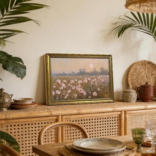 DR.RiftArt Vintage Flower Pink Landscape Wall Art Floral Wall Decor | Pastel Wildflower Rustic Farmhouse Canvas Picture Painting Print for Bedroom Living Room Office 16x24 inch Gold Framed thumbnail 4