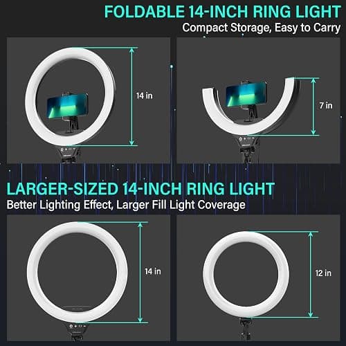 UBeesize 14'' Foldable Ring Light with 62'' Tripod Stand and Phone Holder, LED Selfie RingLight for iPhone with Remote, Circle Light for Tiktok/YouTube/Photography/Makeup/Live Stream thumbnail 2