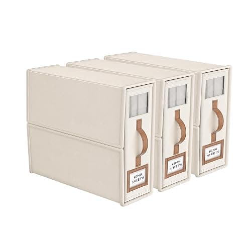 BigPonPon 3 Pack Foldable Bed Sheets Set Organizers and Storage(King & Queen Size),Linen Fabric Closet Organizers with Window,Folding Bedding Storage Box for Bedsheets and Pillow Cube Organizer-Beige - Image 1