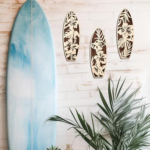 VGICH Hibiscus Surfboard Wall Decor - 3 Piece Wooden Beach Wall Art for Bedroom, Tropical Living Room Decor(Beige) thumbnail 2