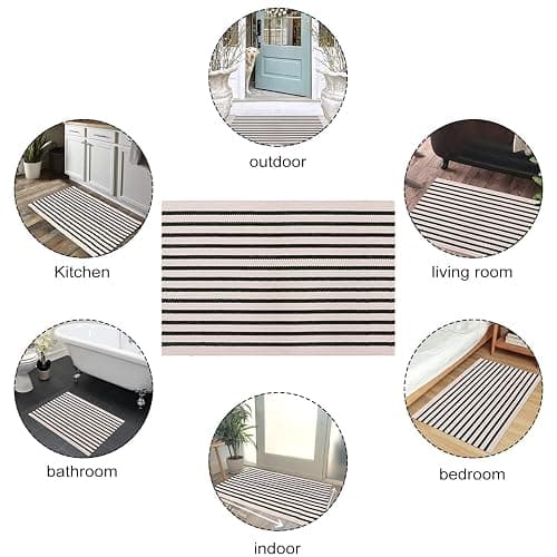LEEVAN Black and White Striped Outdoor Rug Runner 2x4.3 Layering Doormat Farmhouse Front Porch Rug Cotton Woven Washable Throw Carpet for Hallway/Front Steps/Bathroom/Kitchen/Home Entrance thumbnail 3
