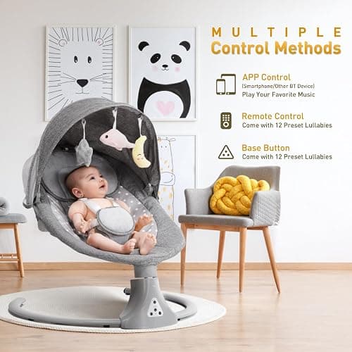 Baby Swing Chair: Baby Bouncer from Birth with Bluetooth Remote Control | Cordless 5-Speed Levels 12 Lullabies & 3 Timers | 3 Adjustable Angles & Electric Rocking Chair for Newborn | Gray thumbnail 3