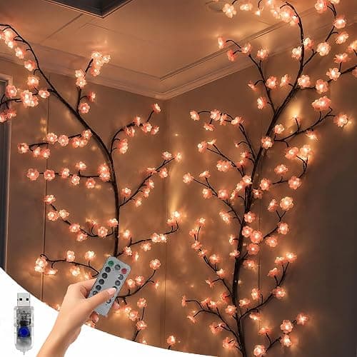 Cherry Blossom Lights with Bendable Branches for Bedroom Wall Decor | 7.55 ft, 144 LEDs, USB powered, remote control, timer, 8 modes, pink blossoms, living room, wedding and holiday decor - Image 1