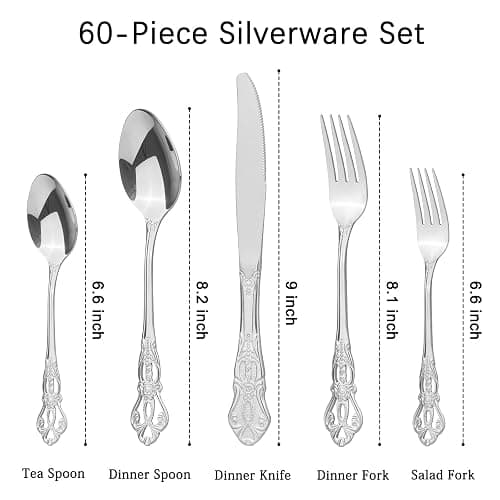 Retro Royal Silverware Set With Gift Box, 60-Pieces Cutlery Set Utensils Stainless Steel Flatware For 12 MIKIWAY Kitchen Tableware Set For Gifts Festive, Dishwasher Safe, Mirror Polishing thumbnail 3