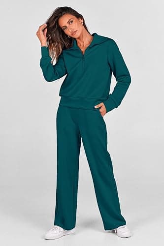 PRETTYGARDEN Women's 2 Piece Outfits Casual Lapel Half Zip Sweatshirts and Wide Leg Pants Tracksuit Sets thumbnail 5