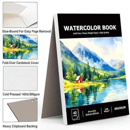 Soucolor 40 Sheets Watercolor Paper Pad, 9"x12" Water Color Paper, 140lb/300gsm Artist Painting Drawing Paper Book, Art Supplies for Adults, Watercolor Paint Set, Sketchbook, Journal, Notebook thumbnail 2