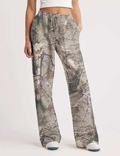 MSBESYOR Camo Pants Women Baggy Fleece Y2K Camouflage Cargo Pants High Waisted Wide Leg Drawstring Jogger Sweatpants thumbnail 2