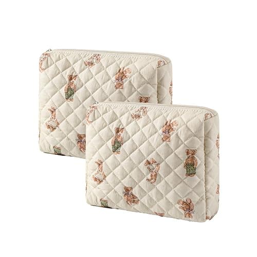 Quilted Cotton Makeup Bag 2Pcs Coquette Cosmetic Bag,Large Soft Floral Travel Toiletry Bag for Women and Girls (01Bear) - Image 1