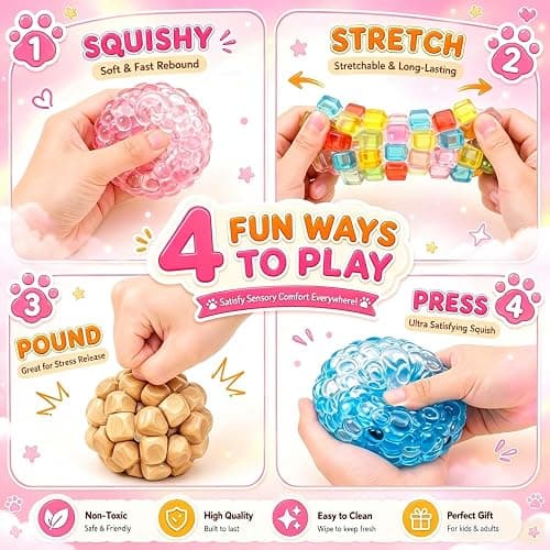 4 Pack Crunchy Noisy Squishy Stress Balls, Slush Textured Sensory Toys Set, Stress Relief Toys for Kids Adults, Squeezee Sensory Toys, Birthday Xmas Gifts for Girls & Boys thumbnail 5