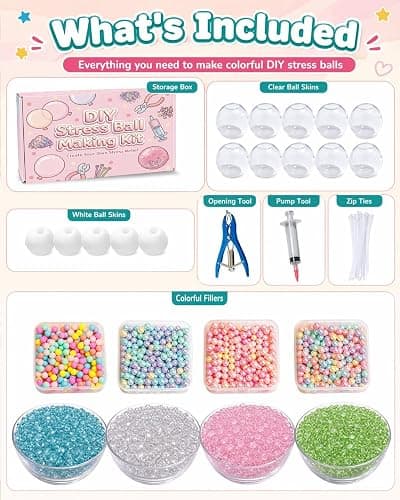 DIY Stress Ball Making Kit, Squishy Maker Kit with 15 TPR Ball Skins, 8 Types of Fillers, Air Pump Vacuum Tool & 20 Cable Ties, Make Your Own Squishies for ASMR Anxiety Relief Sensory Fidget Toys thumbnail 4