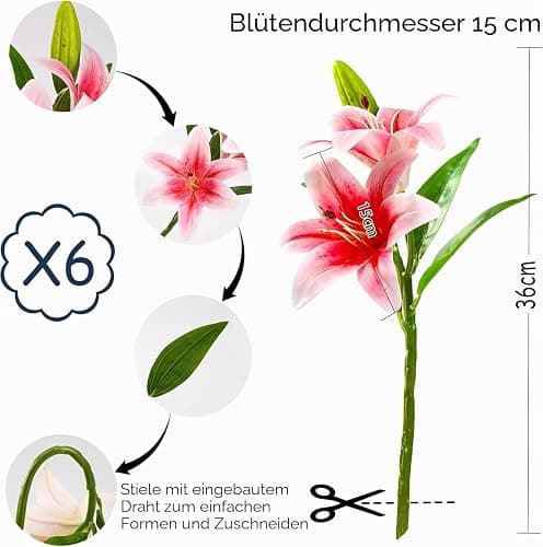 HNVNER 6 Bündel Kunstblumen Lilien, 3D-künstliche Lilien Blumen Rosa | 12 Blüten & 6 Knospen, rahtstiele biegbar, pollenfrei wasserdicht pflegeleicht lilien künstlich,für Hochzeit Home & Büro Deko thumbnail 3