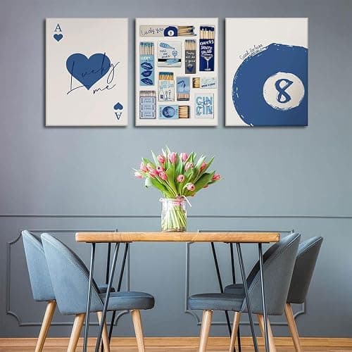 3 Pcs Framed Blue Vintage Matchbox wall art lucky Trendy Red Hearts Playing Wall decor picturesCard Pool Ball Paintings Aesthetic canvas posters prints for girl dormitory apartment Home Decoration - Canvas - 12x16in thumbnail 4