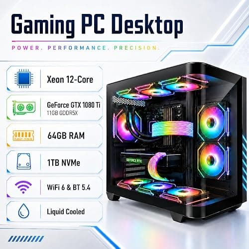 Evounic Gaming Desktop PC Computer Liquid Cooled 12-Core Processor, GeForce GTX 1080 Ti 11GB, 64GB RAM, 1TB NVMe SSD, WiFi 6 & BT 5.4, 9X ARGB Fans, 650W PSU, Windows 11 thumbnail 2