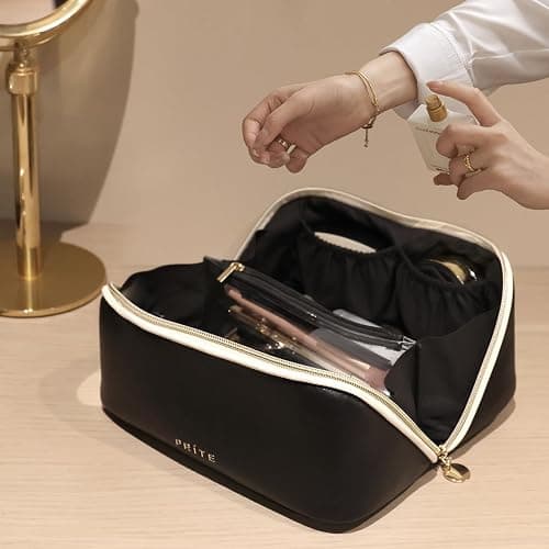 Prite Makeup Bag for Women Travel Waterproof Vegan Leather Cosmetic Bag Open Flat Toiletry Bag With Clear Divider and Handle (Black) - Black - Medium thumbnail 2