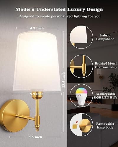 Ouyulong Battery Operated Wall Sconces Set of 2, Wireless Rechargeable Dimmable Wall Light with 5600mAh RGB Bulb and Remote for Bedroom, Living Room, Hallway (Gold) thumbnail 5