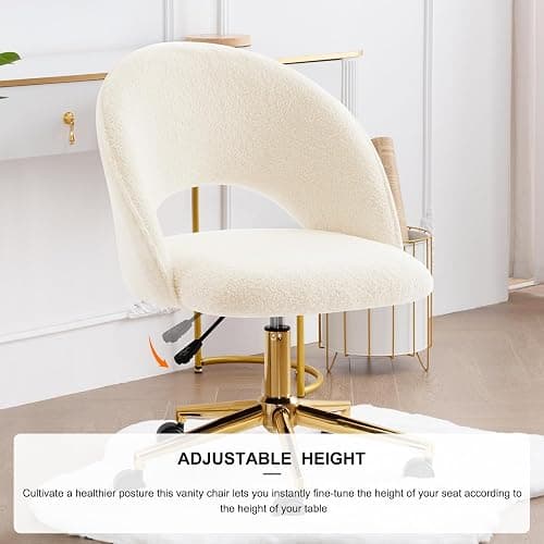 Furnimart Swivel Rolling Desk Chair, Adjustable Faux Fur Vanity Chair with Gold Legs, Cute Task Chair with Wheels for Living Room Bedroom Studying Small Places (Faux Fur White) thumbnail 7