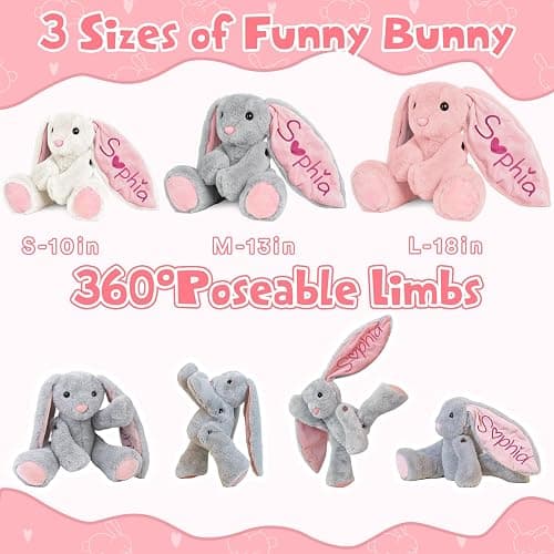 Personalized Bunny Plush Stuffed Animal with Embroideried Name Custom Toddler Stuffed Rabbit Doll Kids Bunny Plush Toys Personalized Baby Girls Boys Newborn Gifts for First Birthday Easter thumbnail 5