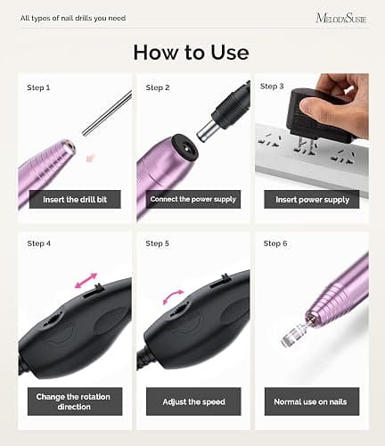 MelodySusie Portable Electric Nail Drill,PC120B Compact Efile Electrical Professional Nail File Kit for Acrylic, Gel Nails, Manicure Pedicure Polishing Shape Tools Design for Home Salon Use, Purple - Purple thumbnail 5