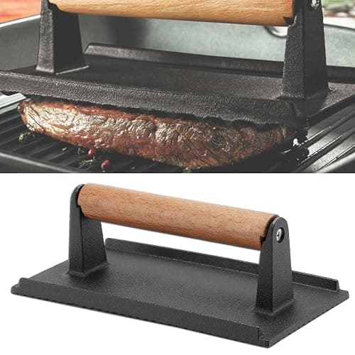 CROWNSHOP Steak Press Cast Iron Grill Burger Press Rectangle Steak | Meat Bacon Press with Wooden Handle for Burger Grilled Sandwich Quesadilla Steak（ 20 x 10 cm ） thumbnail 5