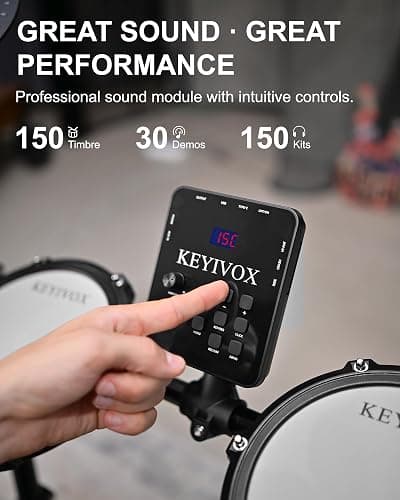 KEYIVOX Electric Drum Set - Silent Electronic Drum Set Adult, Drum Kit for Beginners with 4 Mesh Drum Pads, 150 Sounds, 30 Songs, 15 Kits, USB MIDI, Headphones, Throne, Sticks, Pedals, MT20C, Black thumbnail 3