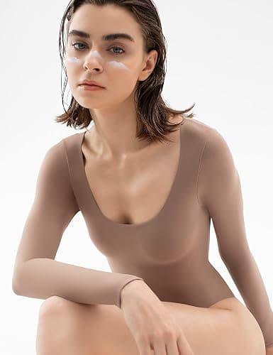 PUMIEY Women's Scoop Neck Long Sleeve Bodysuit Body-hugging Sexy Tops Smoke Cloud Collection thumbnail 4