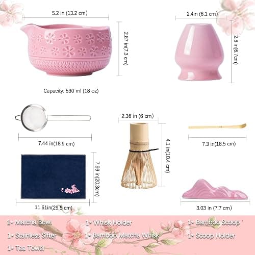 Buucup Matcha Whisk Set, Ceramic Matcha Kit Set Includes Matcha Bowl, Matcha Whisk and Holder, Bamboo Scoop, Scoop Rest, Sifter and Tea Towel - 7 Pcs Matcha Kit for Matcha Lovers (Pink) thumbnail 3