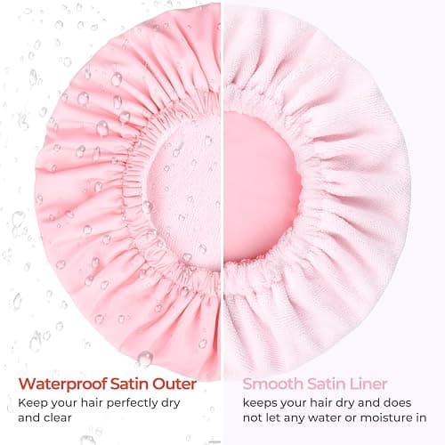 Pink Shower Cap for Women Terry Lined Bath Cap Large Reusable Waterproof Elastic Band Shower Caps for Long Thick Hair Soft Bath Shower Hair Caps thumbnail 5