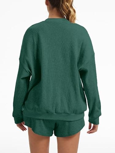 AnotherChill Women's Oversized Waffle Knit Lounge Set Long Sleeve Sweatshirt and High Waisted Shorts 2 Piece Casual Outfit thumbnail 4