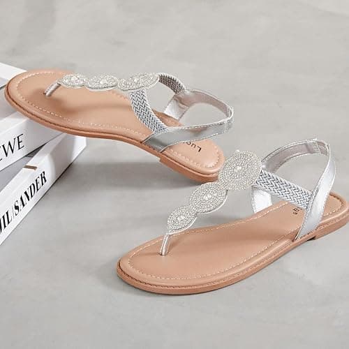 Luoika Women's Wide Width Flat Sandals, Flip Flop Thong Strappy Rhinestone Comfortable Summer Beach Shoes thumbnail 3