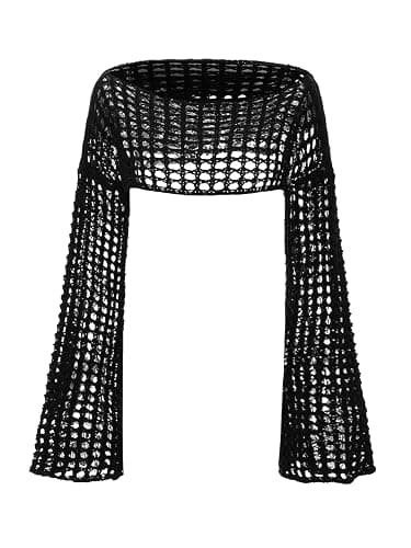 SHENHE Women's Hollow Out Knit Bolero Shrug Crochet Cropped Sweater Top Bell Long Sleeve Y2K Top thumbnail 3