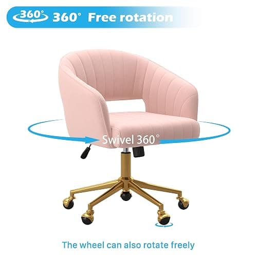 Home Office Chair Swivel Velvet Desk Chair Accent Armchair Upholstered Modern Tufted Chairs with Gold Base for Girls Women Ergonomic Study Seat Computer Task Stools for Living Room(Pink) thumbnail 6