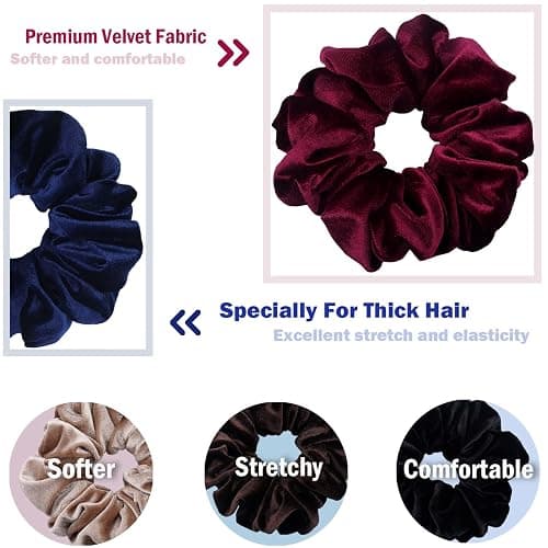 IVARYSS Extra Large Scrunchies for Women's Thick Hair, Premium Velvet Soft Jumbo Scrunchy, XL 6 inch Big Elastic Band Hair Accessories, 4 Pack, Dark thumbnail 4
