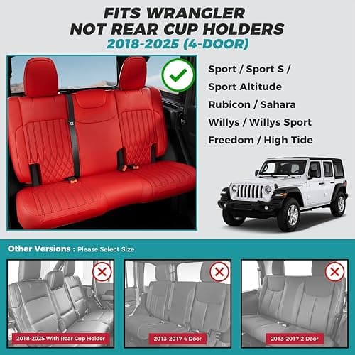 FEINEPRO for Jeep Wrangler Seat Covers 4 Door JL 2026 2025 2024 2023 2022 2021 2020 2019 2018 Custom Seat Cover Full Set Faux Leather Without Rear Cup Holder - Red thumbnail 2