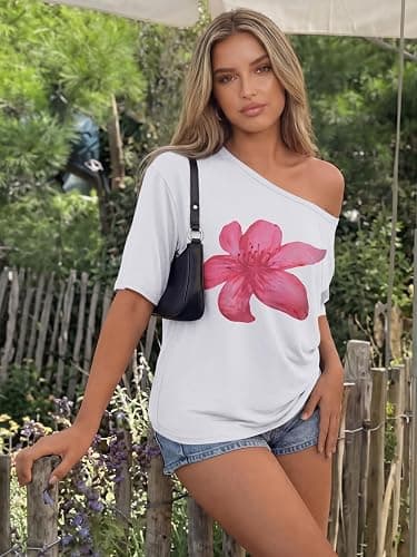 Trendy Queen Womens Off the Shoulder Tops Oversized Summer Spring T-Shirts 2026 thumbnail 4
