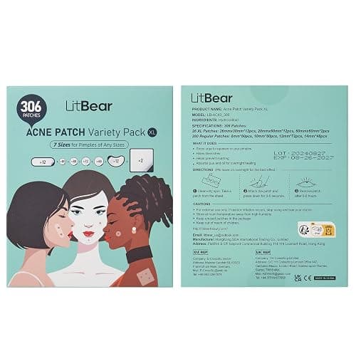 LitBear Large Pimple Patches (7 Sizes 306 Patches), Big Acne Patches, XL Hydrocolloid Bandages for Full Face, Forehead, Chin, Nose, Body, Back, Neck & Chest, Oval, Moon, Square hydrocolloid Patch thumbnail 9
