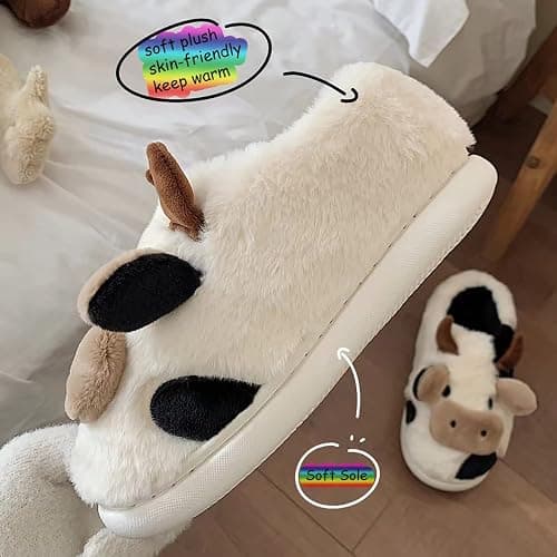 Fuzzy Cow Slippers for Women Men, Cute Cotton Animals House Shoes Fluffy Plush Slippers for Girls Indoor Living Room Bedroom thumbnail 6