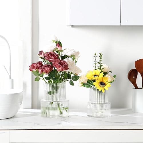 YANWE1 Ribbed Glass Vases for Bouquet, Set of 2 Fluted Vases for Flowers, Clear Vase for Tulips, Modern Glass Vase for Living Room, Office, Coffe Table, Dining Table, Shelf, Wedding thumbnail 4