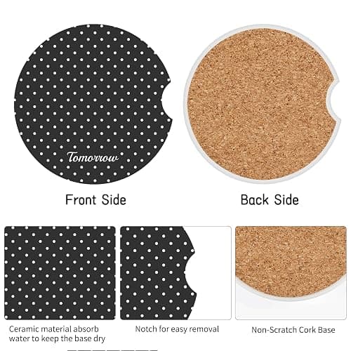 Watbro Cute Fashion Polka Dot Car Coasters 2 Pack for Cup Holders, 2.56 Inch Finger Notch Retro 70's Style Ceramics Heat Resistant Anti Slip Cork Base Car Drinks Coasters Auto Accessories-Black thumbnail 3