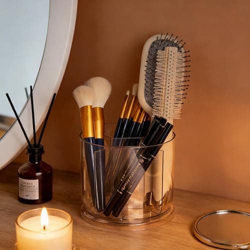 SSYYGET 360° Rotating Makeup Brush Holder Organizer, Clear Spinning Pen & Pencil Holder for Desk, Countertop Vanity Storage Cup with 5 Slots, Round Cosmetic Brush Stand thumbnail 2