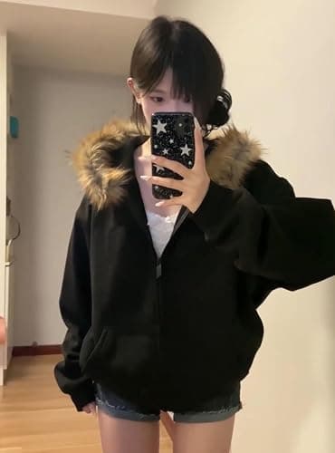 Dynict Women's Y2K Zip Up Hoodies with Fur Hood Winter Fuzzy Jackets Trendy Vintage Sweatshirt thumbnail 3