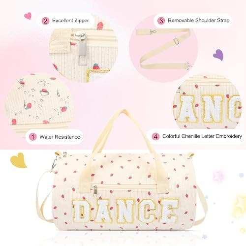 Dance Bag for Girls, KUIRAN 23L Waterproof Travel Duffel Bag with Colorful Chenille Letter, Lightweight Small Gym Sport Ballet Weekender Bag with Large Main Compartment - Strawberry/White thumbnail 5
