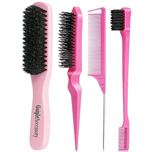 Boar Bristle Slick Back Hair Brush for Smooth Flyaways, Frizz, Sleek Ponytail, Buns and Edge Baby Hair, Teasing | Hair Comb, Edge Brush, Teasing Brush Styling Accessories for Kids, Women & Men (Pink) - Image 1