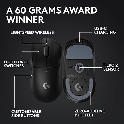 Logitech G PRO X SUPERLIGHT 2 Wireless Gaming Mouse, 60g Pro-Grade with 5 Programmable Buttons, 44k DPI Sensor, 8kHz Report Rate, USB-C Charging for PC/Mac - Black thumbnail 6