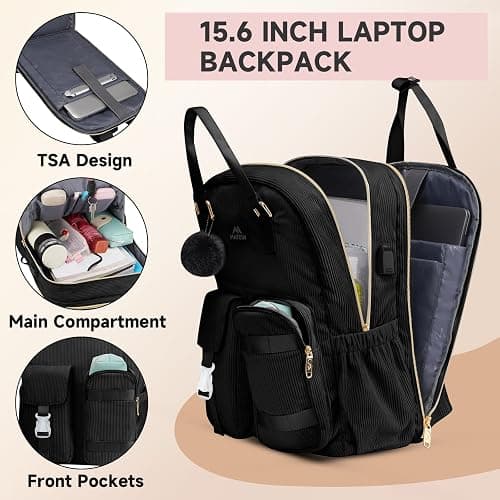 MATEIN Cute Laptop Backpack for Women, 15.6 Inch Corduroy Computer College Backpack with USB Charging Port, TSA Lightweight Aesthetic Back Pack Travel Laptop Daypack for Work Nurse Teacher Gift, Black thumbnail 3