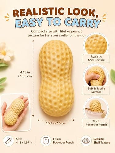 Peanut Squishy Crunchy, Fidget Toy for Stress Relief, Realistic Food Shaped Decompression Squeeze Ball, Soft Slow Rebound Sensory Gift for Office Adults Anxiety, 1 Count thumbnail 5