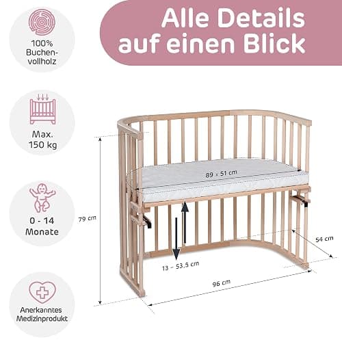 babybay Maxi lit cododo en Bois de hêtre Massif/Compact et modulable/Hauteur du lit réglable en continu/lit bébé évolutif (Naturel Non traité) / avec Matelas, Barres, Roues thumbnail 2