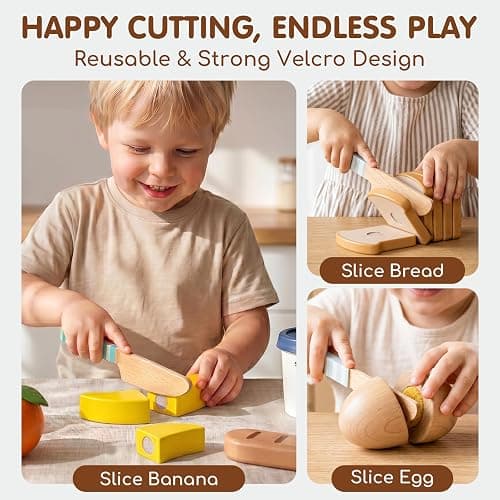 Lehoo Castle Wooden Play Food Set - Montessori Cutting Fruit Egg Bread, Pretend Breakfast Food Toys for Kids Kitchen, Educational Toddler Toys 3-5 Years, with Storage Bag, Birthday Gift for Boys Girls thumbnail 3