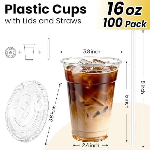 100 Pack 16 oz Plastic Cups with Lids and Straws, Clear Disposable Plastic Cups, Heavy Duty Iced Coffee Cups with Leak-Resistant Lids, Cold Drink Cups for Smoothies, Juice, Soda & Party To Go thumbnail 3